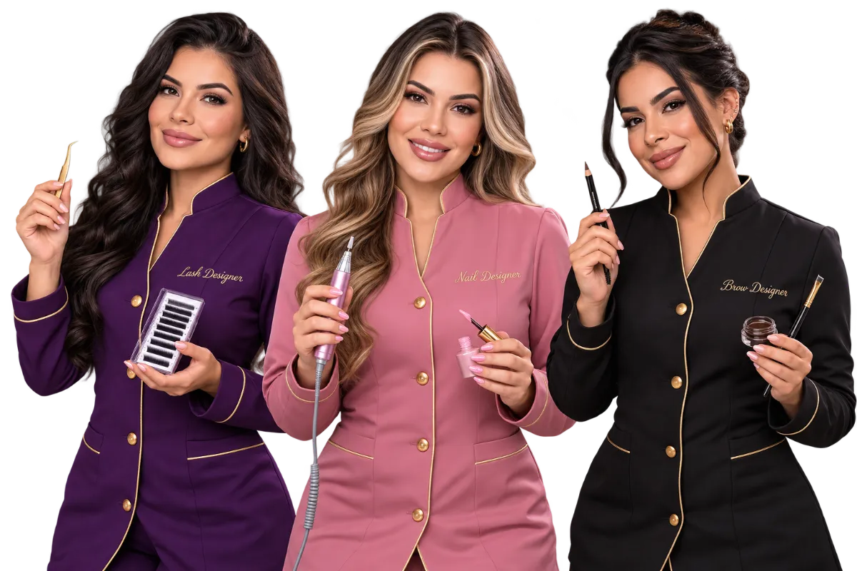 Três profissionais da beleza lado a lado: lash designer, nail designer e designer de sobrancelhas